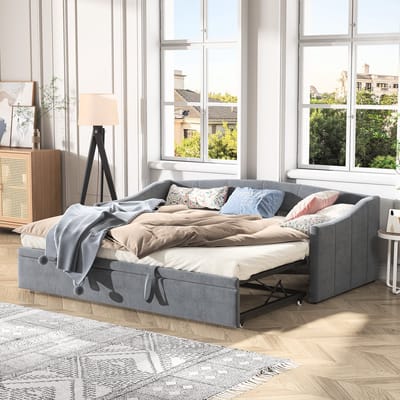 gestoffeerd bed slaapbank, moderne bedden 90/180x200 cm, uitschuifbare en opvouwbare slaapbank, uitschuifbare bank, gestoffeerd eenpersoonsbed, slaapbank met uitschuifbaar bed, grijs, fluweel, zonder matras(Verdeeld voor 2 pakketten voor verzending)