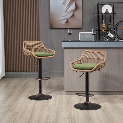 Merax Barkrukken Set van 2 – Verstelbare Barstoelen met Rattan Rugleuning – 360° Draaibaar met Voetensteun – Groen met Bruin