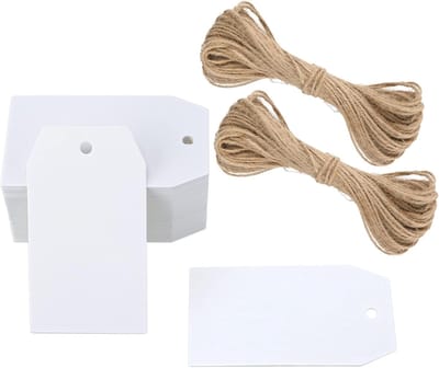 Labels - Cadeaulabels - Kraftpapier - 4x7 cm - Met Jute Koord (20 m) - Voor Etiketten, Prijskaarten, Knutselen - 100 stuks - Wit