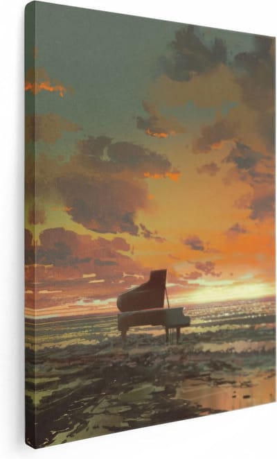 Artaza Canvas Schilderij Zeezicht Piano - 30x40 cm - Klein - Wanddecoratie Zonsondergang - Muurdecoratie Strand - Kamer Accessoires