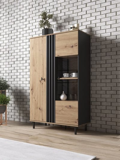 Meubella - Vitrinekast Marcos - Eiken - Antraciet - 90 cm