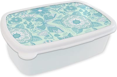 Broodtrommel Wit - Lunchbox - Brooddoos - Bloemen - Blauw - Wit - Patroon - 18x12x6 cm - Volwassenen