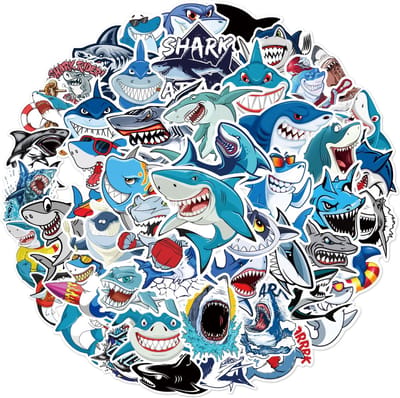Coole Stickers met Haaien - 50 Laptopstickers 5x6CM - Dieren/Vissen/Blauw - Stickers voor Volwassenen en Kinderen, voor Waterfles, Muur, Uitdeelcadeau