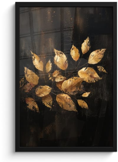 Poster in lijst - Fotolijst 40x60 cm - Posters - Gouden Bladeren op Donkere Achtergrond - Posterlijst zwart - Decoratie - Wanddecoratie woonkamer - Muurdecoratie slaapkamer