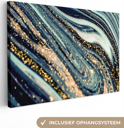 Canvas schilderij 150x100 cm - Wanddecoratie Marmer - Goud - Blauw - Glitter - Marmerlook - Abstract - Muurdecoratie woonkamer - Slaapkamer decoratie - Kamer accessoires - Schilderijen op canvas