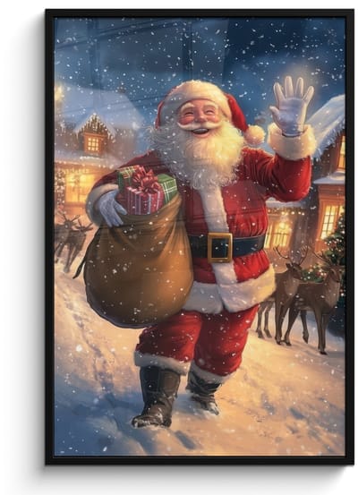 Poster in lijst - Fotolijst 80x120 cm - Posters - Kerstman - Dorp - Hert - Donker - Posterlijst zwart - Decoratie - Wanddecoratie woonkamer - Muurdecoratie slaapkamer - Kerstversiering - Kerstdecoratie voor binnen - Kerstmis
