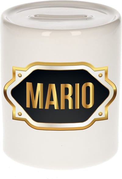 Spaarpot met voornaam Mario - wit - met goud/zwart embleem - 8 x 9 cm - keramiek - met afsluitdop - cadeau verjaardag
