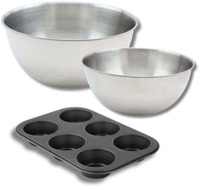 Set bestaande uit 1 Muffinvorm met 6 holtes, 1 spatel Zenker en 2 roestvrijstalen mengkommen Fackelmann