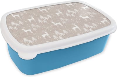 Broodtrommel Blauw - Lunchbox - Brooddoos - Patronen - Hert - Wit - Beige - 18x12x6 cm - Kinderen - Jongen