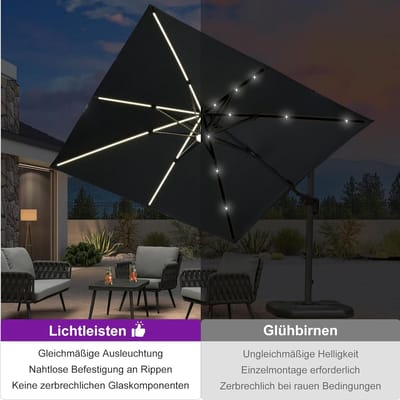 Zweefparasol 300x300 cm met LED Verlichting – 360° Draaibaar, Aluminium Tuinparasol met Zonnepaneel, UV-bestendig & Waterafstotend, Vierkant Grijs – Laura