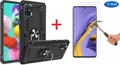 Hoesje Geschikt Voor Samsung Galaxy A51 Armor Hoesje Ringhouder TPU + 2x Glazen Screen protector - Zwart