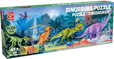 Hape Dinosaurus Puzzel 210 Stukjes - Glow in the Dark Vloerpuzzel met Dinosaurus Feitenkaarten, 6+