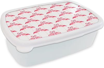 Broodtrommel Wit - Lunchbox - Brooddoos - Flamingo - Patronen - Roze - Jungle - 18x12x6 cm - Volwassenen