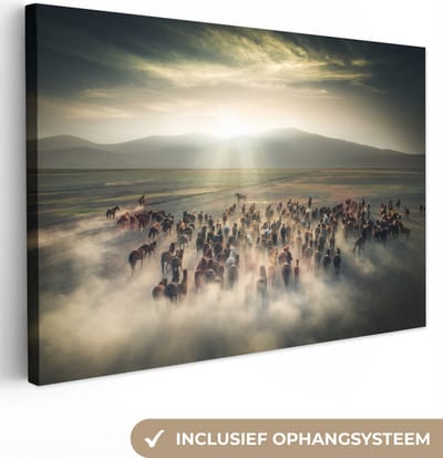 Canvas - Paarden - Natuur - Mist - Wilde dieren - Canvas schilderijen woonkamer - Kamerdecoratie - 120x80 cm - Foto op canvas - Canvasdoek - Muurdecoratie slaapkamer - Wanddecoratie