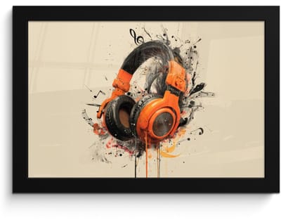 Poster in lijst - Fotolijst 30x20 cm - Posters - Koptelefoon - Oranje - Explosief - Posterlijst zwart - Decoratie - Wanddecoratie woonkamer - Muurdecoratie slaapkamer