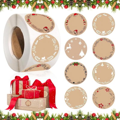 Ronde Kerststickerstjes – 500 Stuks – Zelfklevend Kraftpapier voor Cadeauverpakking