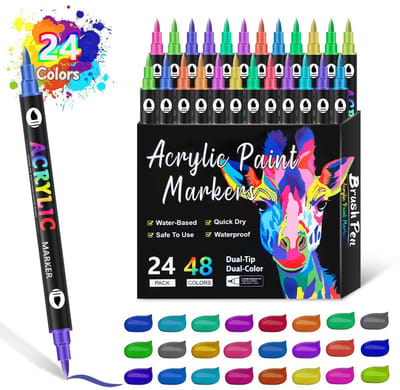 Acrylverf Stiften 12-delige Set – Dubbelzijdig - Fijne (kwast)Punten - Voor Steen, Hout, Canvas & Metaal