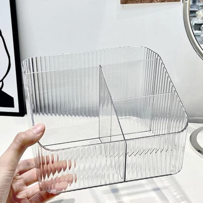 Desktop Opbergdoos Trapeziumvormige Organisator van PP Plastic voor Make-up en Cosmetica met 4 Roosters en Transparante Afwerking
