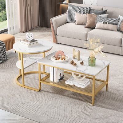 2-in-1 in elkaar passende salontafel, set van 2, moderne salontafel met marmerpatroon, salontafel voor woonkamer, balkon en kantoor, bijzettafelset met metalen frame (wit + goud)