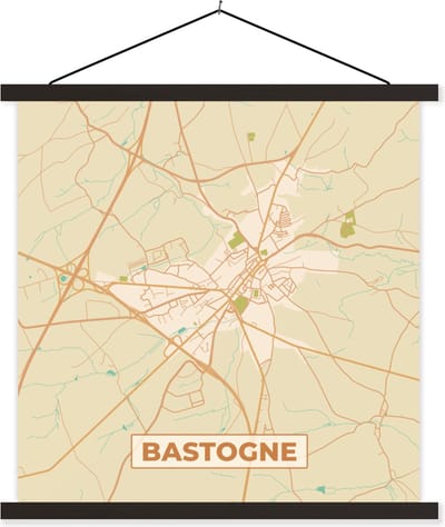 Posterhanger incl. Poster 60x60 cm - Schoolplaat - Stadskaart - Kaart - Vintage - Plattegrond - Bastogne - Textielposter - Zwarte latten - Stadskaart