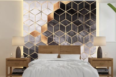 Behang - Fotobehang Abstract - Kubus - Goud - Patronen - Zwart - Wit - Breedte 350 cm x hoogte 350 cm