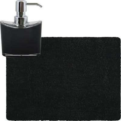 MSV badkamer droogloop tapijt - Langharig - 50 x 70 cm - incl zeeppompje 260 ml - zwart