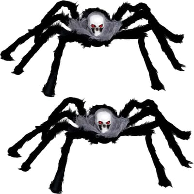 Fiestas horror spin groot - 2x - Halloween decoratie/versiering - zwart met doodskop - 60 cm- Griezelig thema