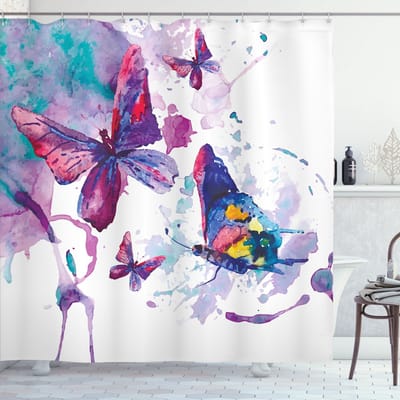 ABAKUHAUS Vlinder Douchegordijn, Aquarel-Kunst Moderne, Stoffen Badkamerdecoratieset met Haken, 175 x 180 cm, Meerkleurig