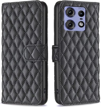 BINFEN Hoesje - Geschikt voor Motorola Edge 50 Pro Hoesje - BINFEN Rhombus Book Case - Zwart