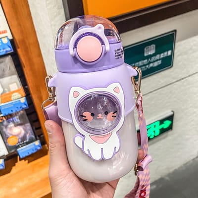 Zachte Rieten Drinkbeker Draagbare Plastic Tuitbeker Cartoon Patroon Waterfles met Bandje Roze paars