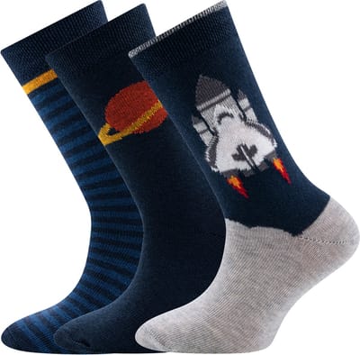 Ewers Kindersokken Ewers - Set / 3-Pack - Spaceshuttle & Streepjes & Saturnus/Planeet - Donkerblauw & Lichtgrijs & Oker-23/26