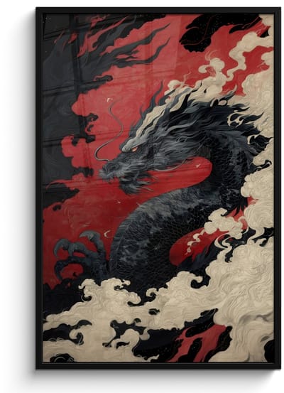 Poster in lijst - Fotolijst 80x120 cm - Posters - Zwarte draak - Rookwolken - Rood - Posterlijst zwart - Decoratie - Wanddecoratie woonkamer - Muurdecoratie slaapkamer