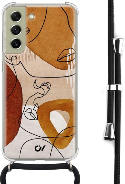 Telefoonhoesje met koord geschikt voor Samsung S21 FE - Abstract Shape Faces - Inclusief koord - Transparant, Bruin - - Crossbody beschermhoes - Met Telefoonketting