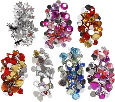 Strasstenen in display box, rond, sterren, harten, d 6+7+9+10+11+12+14+16 mm, blauw, roze, zilver, 300 stuk
