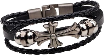 Fako Bijoux® - Leren Armband - Leder Exclusive - Kruis - 20cm - Zwart