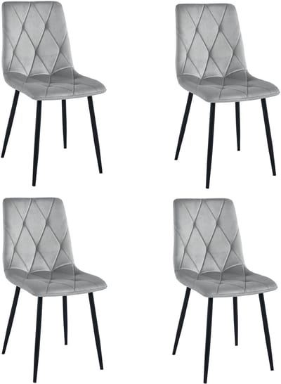 Set van 4 Eetkamerstoelen LIBRA Zilvergrijs – Zwarte Metalen Poten, Modern Velvet Bekleding, Ergonomisch Design, Max. 120 kg