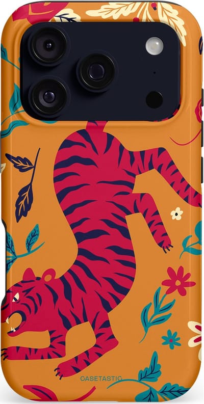 Casetastic hoesje geschikt voor Apple iPhone 17 Pro - MagSafe - Dubbellaagse bescherming - Zonnetijger - Fashion Case - Okergeel Terracotta Bordeaux Donkerblauw