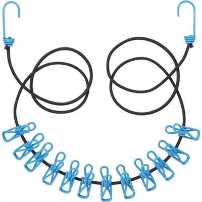 Benson Draagbare elastische waslijn - 1,9 m tot 3,2 m - 12 knijpers - zwart en blauw