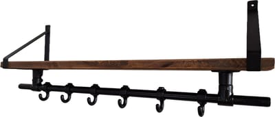 Hoexs - Wandkapstok Industrieel - Mangohout - Kapstop met Bovenplank - Stalen Plankdragers Zwart- 70 Cm - 6 Haken - Inclusief Bevestigingsmateriaal - Decoratie