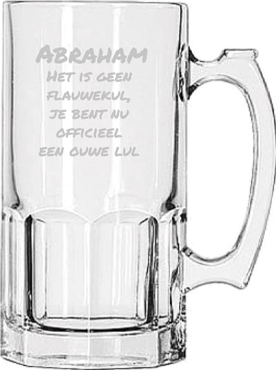 Gegraveerde bierpul 1ltr Abraham het is geen flauwekul, jij bent nu officeel een ouwe lul