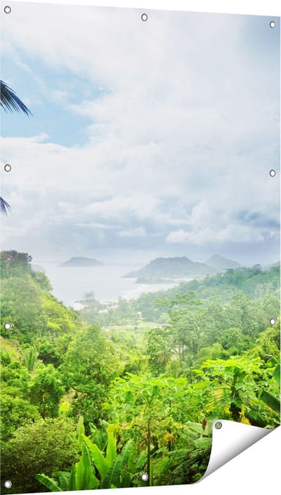 Gards Tuinposter Jungle Uitzicht op de Seychellen - 80x120 cm - Tuindoek - Tuindecoratie - Wanddecoratie buiten - Tuinschilderij