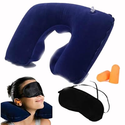 Reis kussen set - Opblaasbaar nekkussen – 3 in-1 - Vliegtuig kussen inclusief slaapmasker en oordoppen – Blauw - LOUZIR