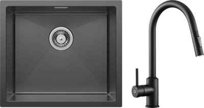 CECIPA max Spoelbakken Keuken Met Keukenkraan - Enkele spoelbak van roestvrij staal - Spoelbak Keuken 50x44cm - Spoelbakken met Afdruip - Keukenkraan Met Uittrekbare Uitloop - Antraciet