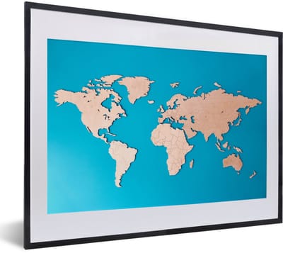 Poster in lijst - Fotolijst 40x30 cm - Posters - Wereldkaart - Houtkleur - Blauw - Posterlijst zwart - Decoratie - Wanddecoratie woonkamer - Muurdecoratie slaapkamer