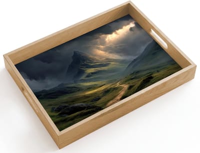 Dienblad hout 40x30 cm - Schootdienblad - Bergen - Kronkelpad - Groen - Wolken - Borrelplank rechthoek - Plateau dienbladen