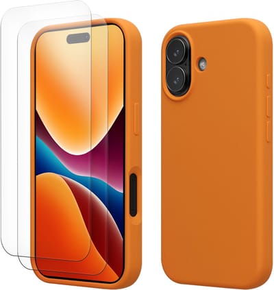 kwmobile hoes met 2x screenprotectors voor Apple iPhone 17 – screenprotector van gehard glas – draadloos opladen – fruitig oranje