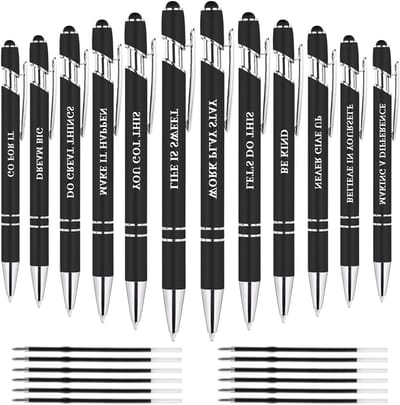 12 Stuks Metalen Pennen met 12 Navullingen, Inspirerende Balpen met Optische Potloodpunt, Zwart Inkt, 0.5 mm, Perfect voor Schrijven en Creatief Gebruik