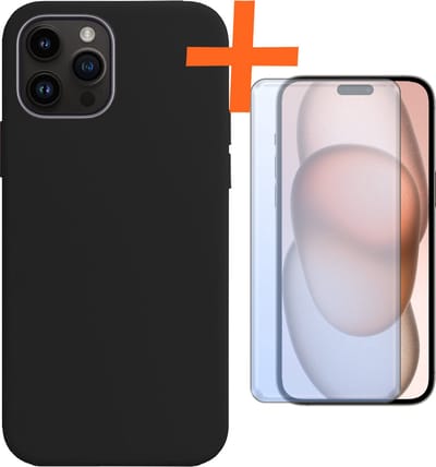 Hoes - Met Screenprotector - Geschikt voor Apple iPhone 15 Pro - Sterk & Shockproof - Back Cover - Siliconen Case - Telefoon Hoes - Zwart