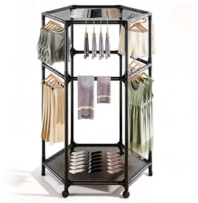 Dailygoods- Kledingrek rolbaar - Zeshoekig metalen wasrek - Ruimtebesparend - 360° draaibaar drogen - Belastbaarheid 100 kg - Eenvoudige montage - Droogrek