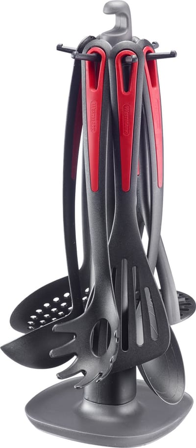 Westmark Keukengerei – draaibare standaard Gallant met aardappelstamper, groentelepel, spaghettilepel, soeplepel, schuimspaan en spatel – Zwart/Rood, 7–delige set